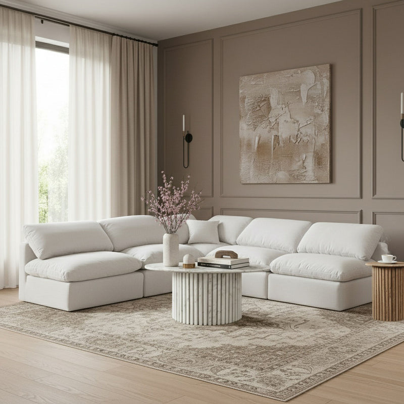 Indulge 105" White Linen Textured Fabric Upholstered 5pc. Modular Sectional