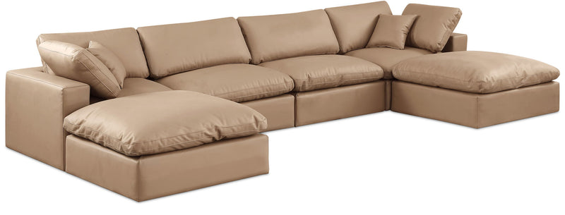 Comfy 158" Tan Vegan Leather Upholstered 6pc. Modular Sectional