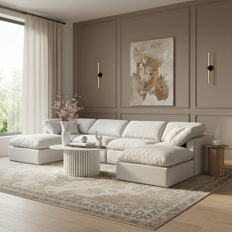 Indulge 140" White Linen Textured Fabric Upholstered 6pc. Modular Sectional