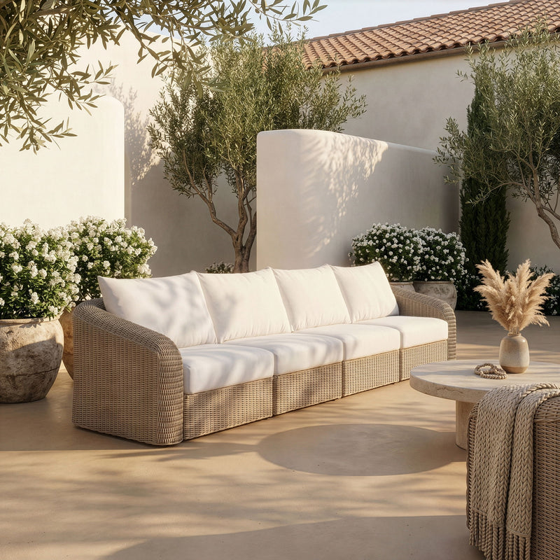 Seacrest - Olefin Water Resistant Fabric And Wicker 4 Piece Outdoor Patio Modular Sofa