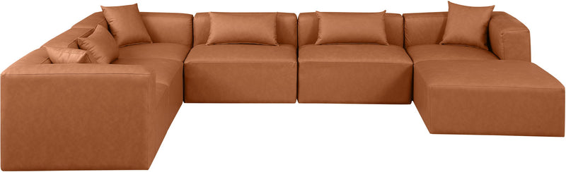 Cube 144" Cognac Vegan Leather Upholstered 7pc. Modular Sectional