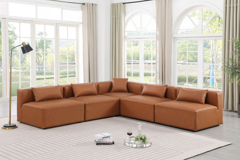 Cube 108" Cognac Vegan Leather Upholstered 5pc. Modular Sectional