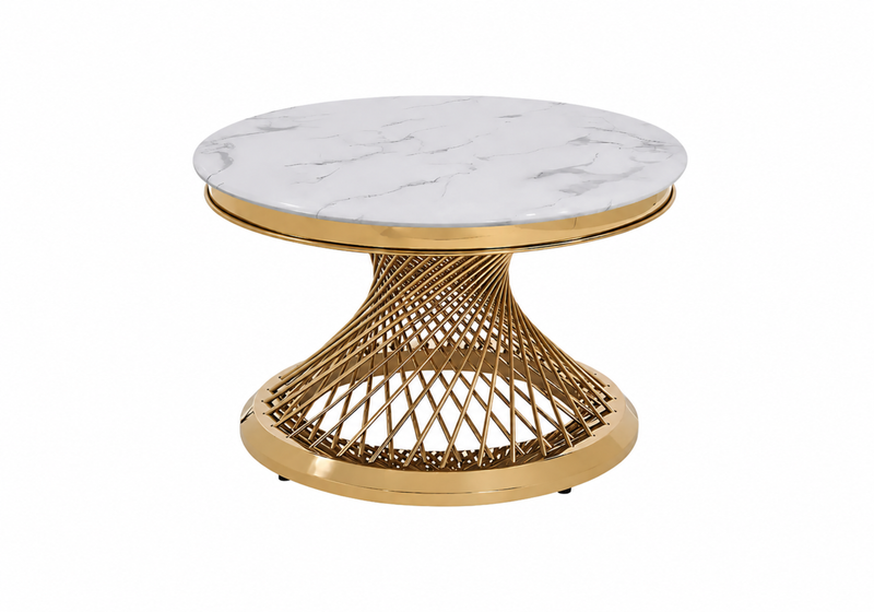 Helix Round Cocktail Table with Marble Top and Gold Spiral Spoked Base
