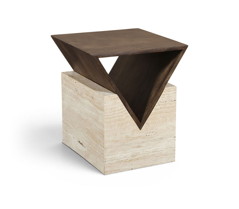 Opus - Travertine And Mango Wood End Table - Brown / Beige