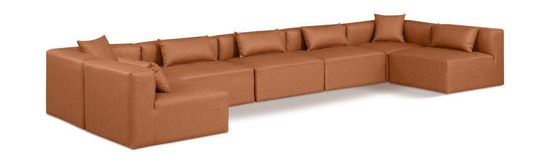 Cube 180" Cognac Vegan Leather Upholstered 7pc. Modular Sectional