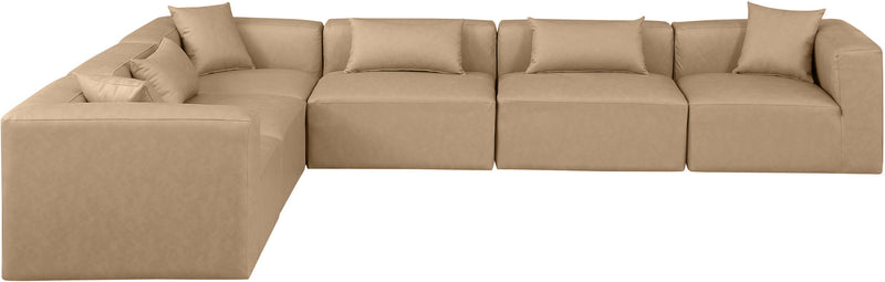 Cube 144" Tan Vegan Leather Upholstered 6pc. Modular Sectional