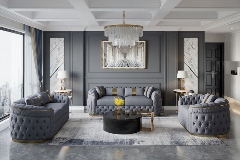 Reign 3-Piece Velvet Living Room Set with Gold PU Accent