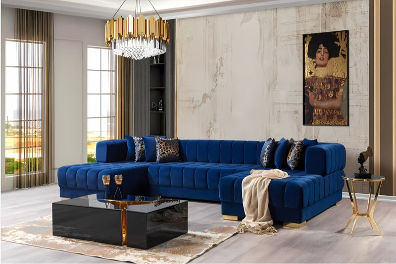 Ariana Double Chaise Velvet U-Sectional with Gold Legs