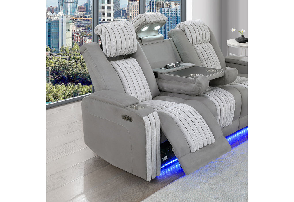U8000 - 3 Piece Living Room Set (Power Console Reclining Loveseat With Power Headrest LED & Bluetooth Speaker, Power Reclining Sofa With Power Headrest DDT, Table Reading Light & LED/ Power Recliner With Power Headrest LED) - Gray