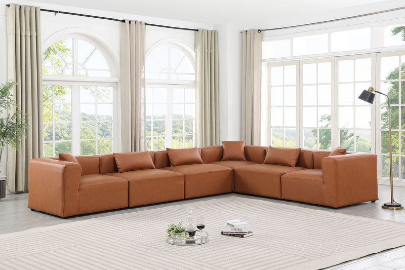 Cube 144" Cognac Vegan Leather Upholstered 6pc. Modular Sectional