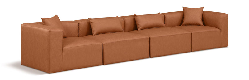 Cube 144" Cognac Vegan Leather Upholstered 4pc. Modular Sofa