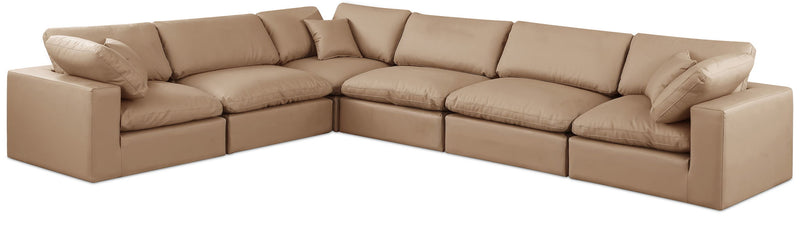 Comfy 158" Tan Vegan Leather Upholstered 6pc. Modular Sectional
