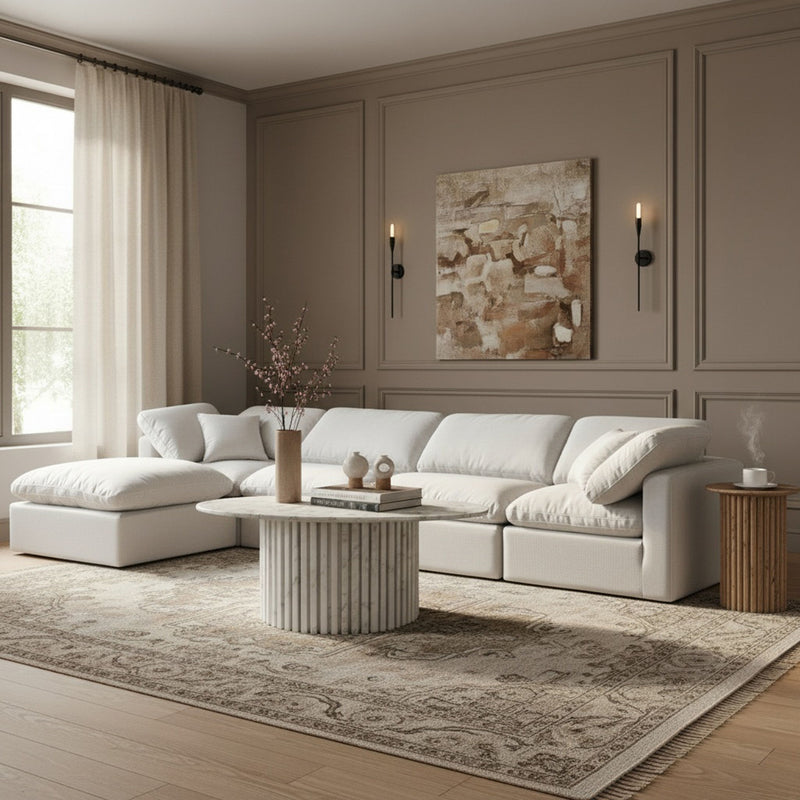 Indulge 140" White Linen Textured Fabric Upholstered 5pc. Modular Sectional