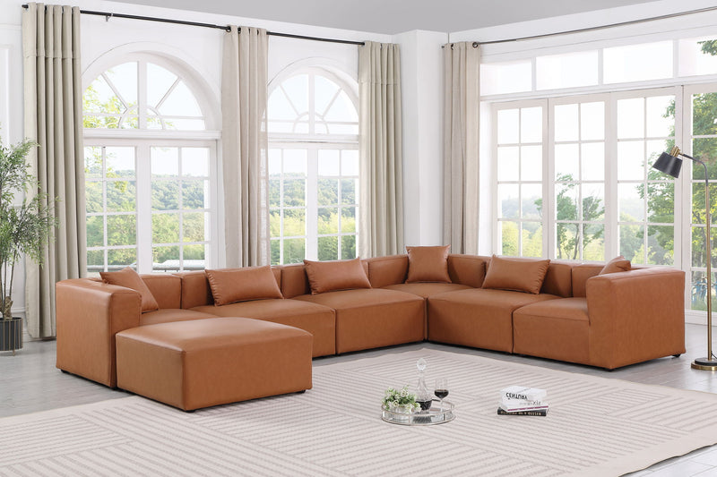 Cube 144" Cognac Vegan Leather Upholstered 7pc. Modular Sectional