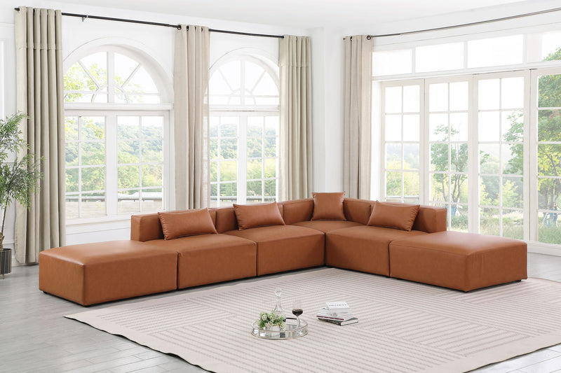 Cube 144" Cognac Vegan Leather Upholstered 6pc. Modular Sectional