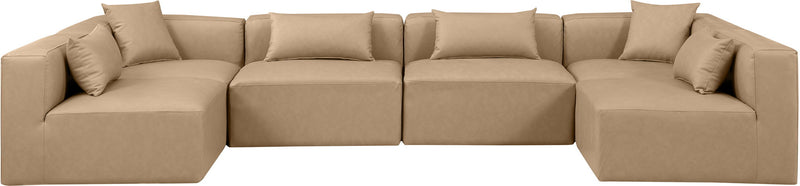 Cube 144" Tan Vegan Leather Upholstered 6pc. Modular Sectional