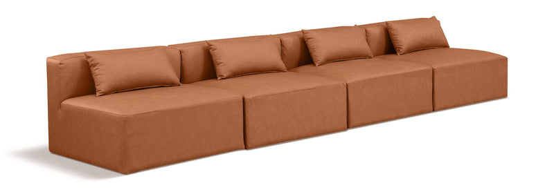 Cube 144" Cognac Vegan Leather Upholstered 4pc. Armless Modular Sofa