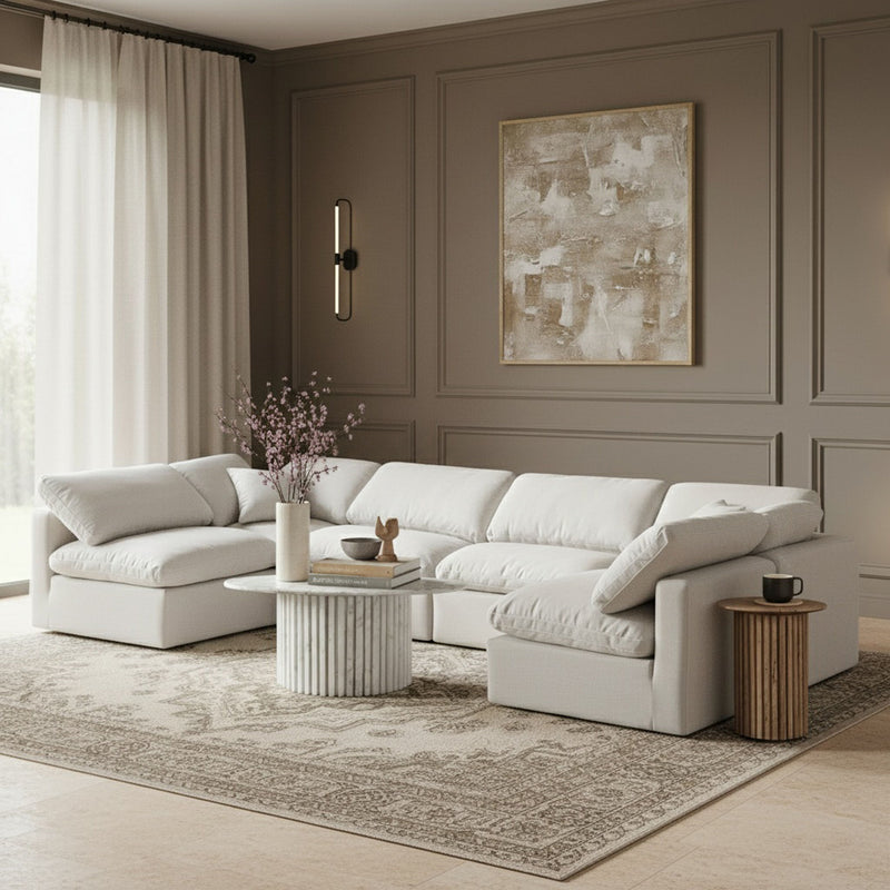 Indulge 140" White Linen Textured Fabric Upholstered 6pc. Modular Sectional