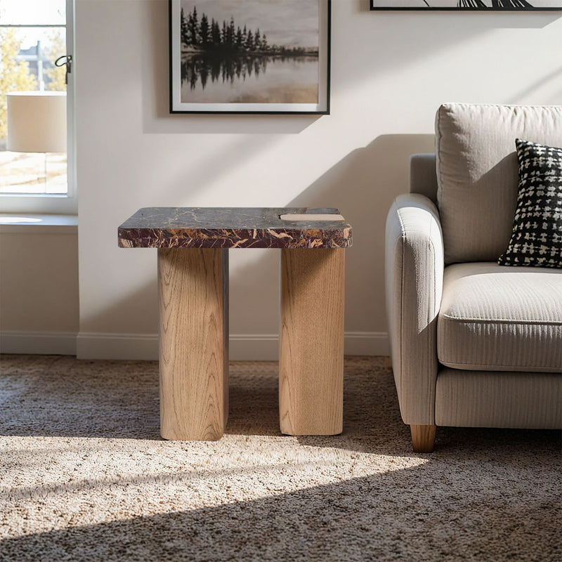 Ravenna Burgundy Genuine Marble Top And Oak Wood Base End / Side Table