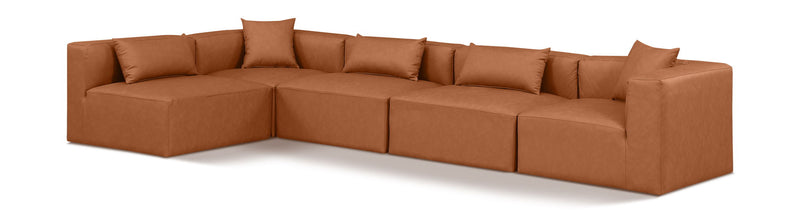 Cube 144" Cognac Vegan Leather Upholstered 5pc. Modular Sectional