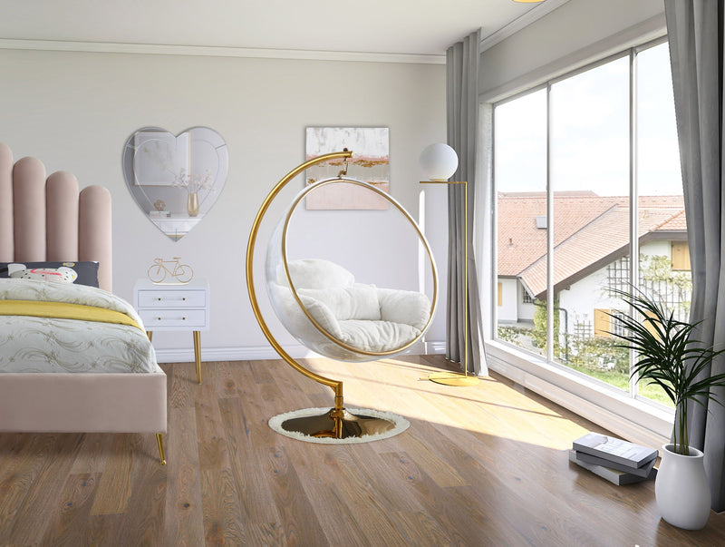 Luna White Acrylic And Fabric Upholstered Swing Bubble Accent Chair
