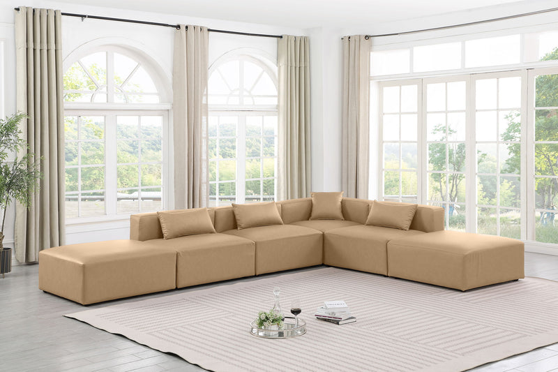 Cube 144" Tan Vegan Leather Upholstered 6pc. Modular Sectional