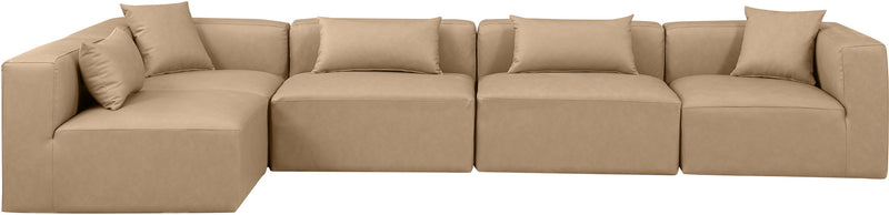 Cube 144" Tan Vegan Leather Upholstered 5pc. Modular Sectional