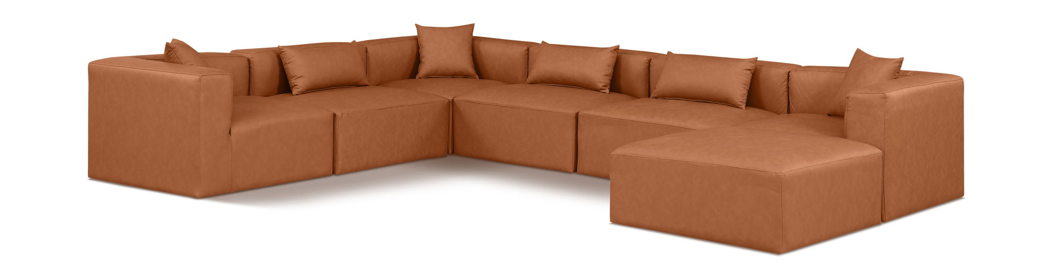 Cube 144" Cognac Vegan Leather Upholstered 7pc. Modular Sectional