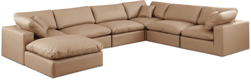 Comfy 158" Tan Vegan Leather Upholstered 7pc. Modular Sectional
