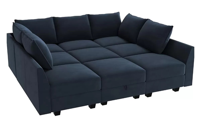 Sereno 9-Piece Velvet Modular Sleeper Sectional With Storage Seat