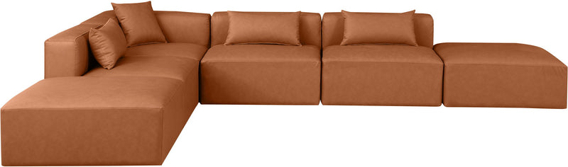 Cube 144" Cognac Vegan Leather Upholstered 6pc. Modular Sectional