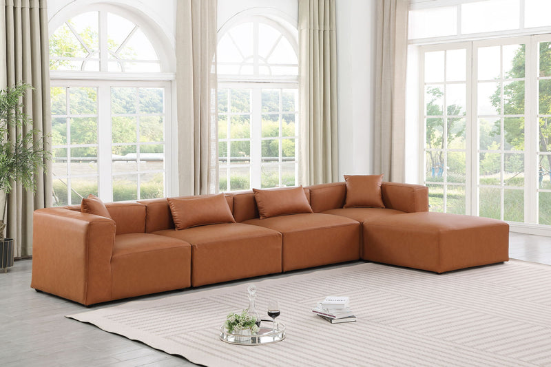 Cube 144" Cognac Vegan Leather Upholstered 5pc. Modular Sectional