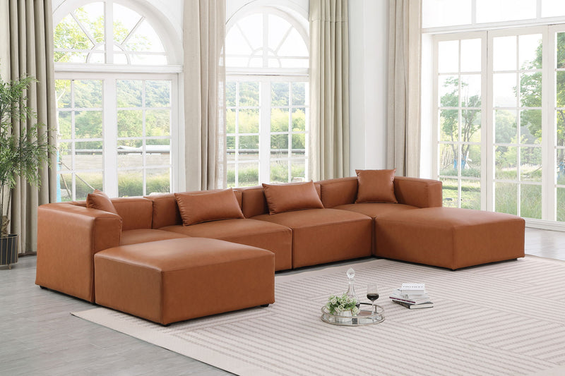 Cube 144" Cognac Vegan Leather Upholstered 6pc. Modular Sectional