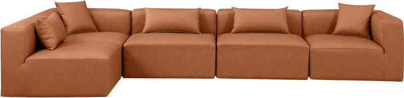 Cube 144" Cognac Vegan Leather Upholstered 5pc. Modular Sectional