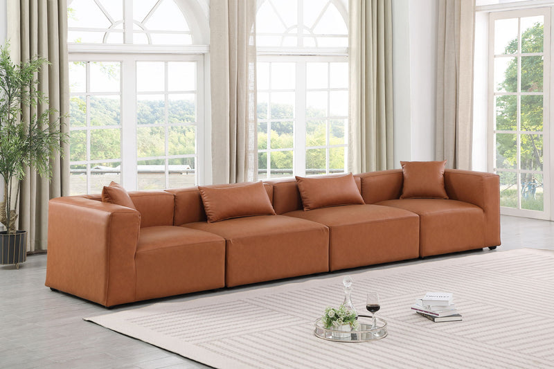Cube 144" Cognac Vegan Leather Upholstered 4pc. Modular Sofa