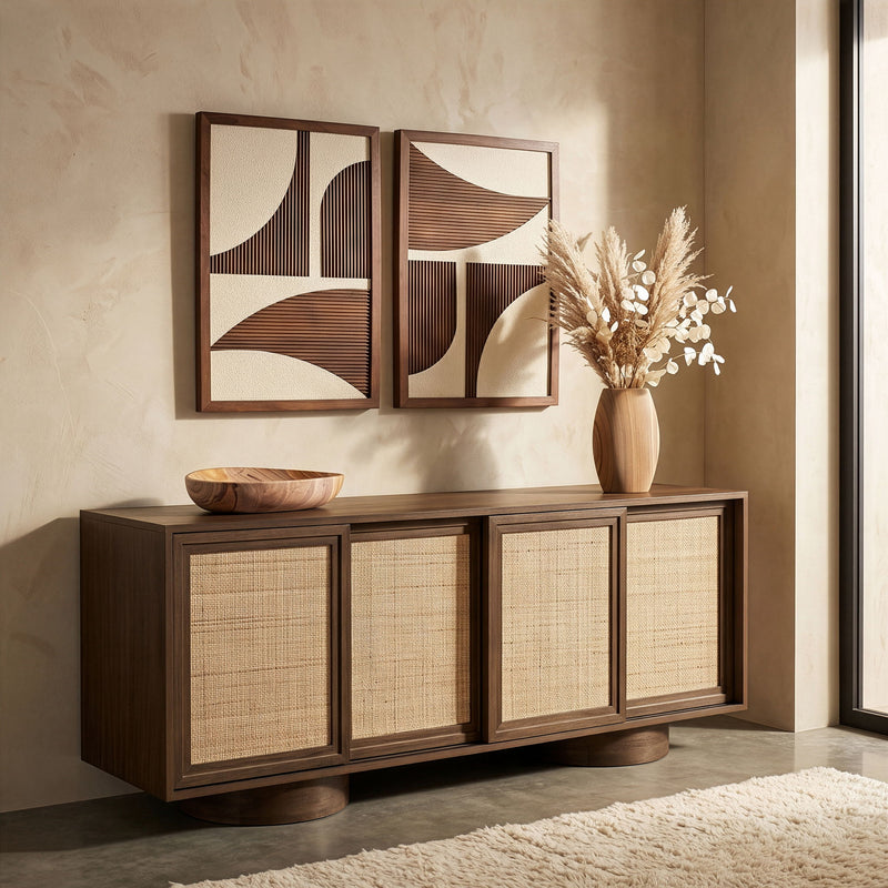 Windsor - Solid Wood And Brown Cane Sideboard / Buffet With Cylindrical Legs - Brown