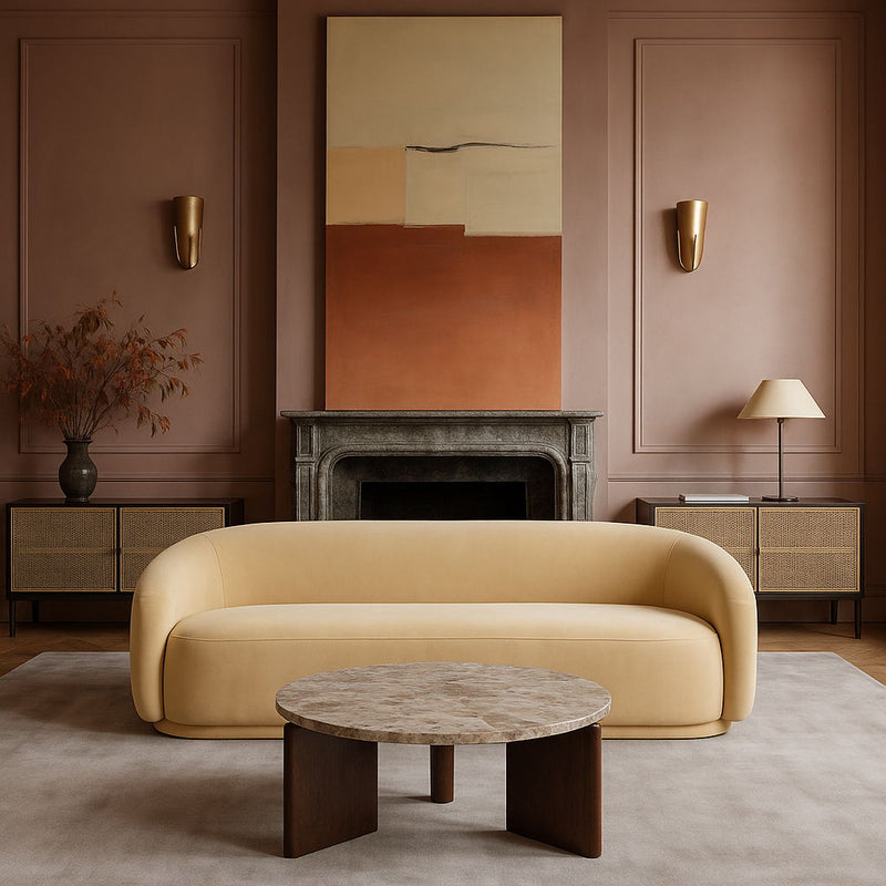 Varenna Beige Marble Top And Acacia Wood Base Coffee Table