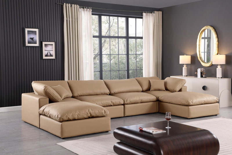 Comfy 158" Tan Vegan Leather Upholstered 6pc. Modular Sectional