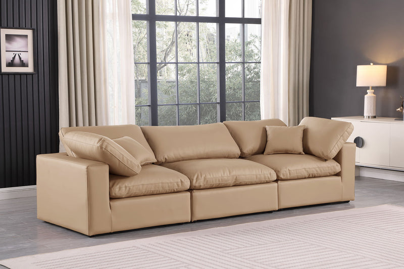 Comfy 119" Tan Vegan Leather Upholstered 3pc. Modular Sofa