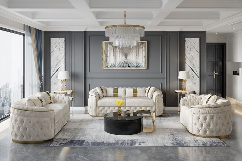 Reign 3-Piece Velvet Living Room Set with Gold PU Accent