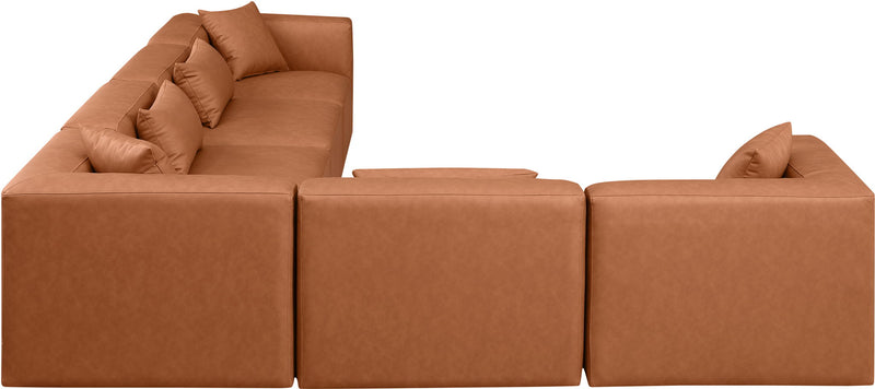 Cube 144" Cognac Vegan Leather Upholstered 6pc. Modular Sectional