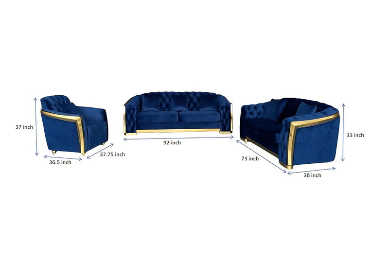 Calista Velvet 3-Piece Living Room Set With Gold Stainless Steel
