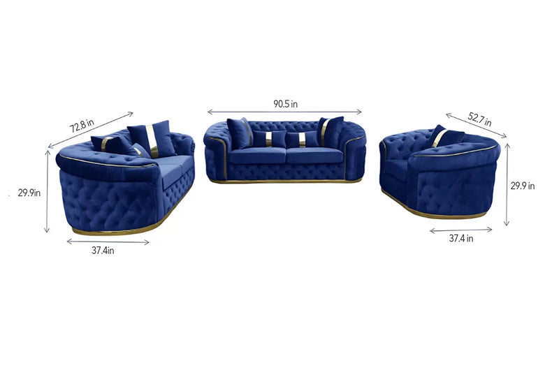 Reign 3-Piece Velvet Living Room Set with Gold PU Accent