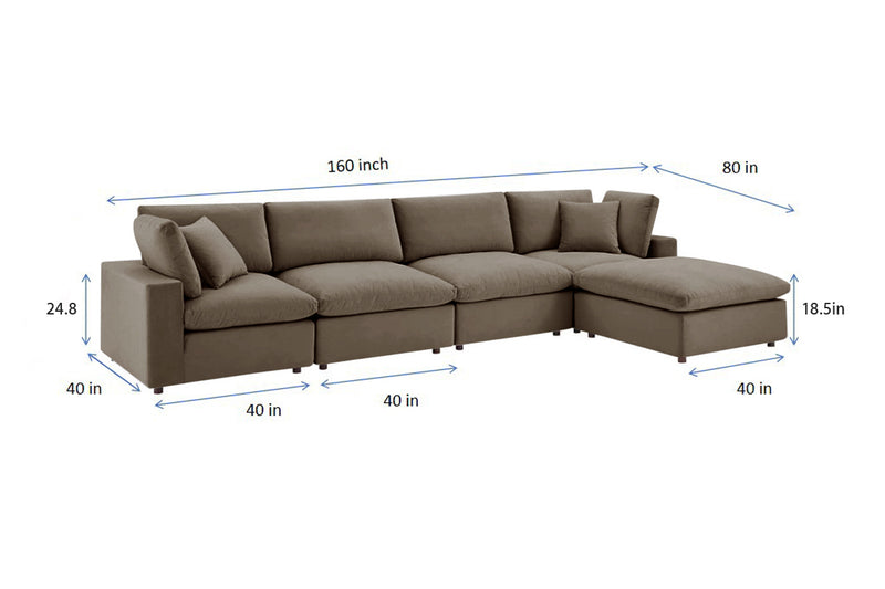 Cloud Velvet 5-Piece Modular Sectional Sofa with Feather Filled Cushions