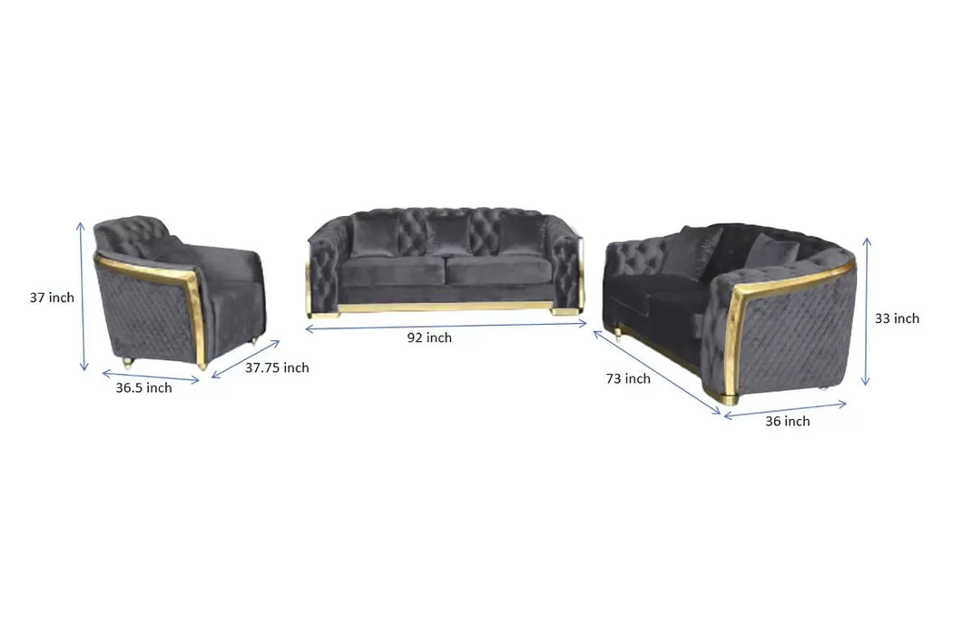 Calista Velvet 3-Piece Living Room Set With Gold Stainless Steel