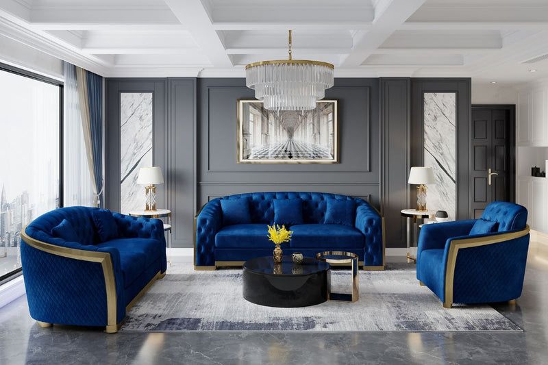 Calista Velvet 3-Piece Living Room Set With Gold Stainless Steel