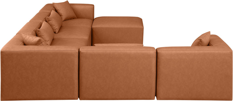 Cube 144" Cognac Vegan Leather Upholstered 7pc. Modular Sectional