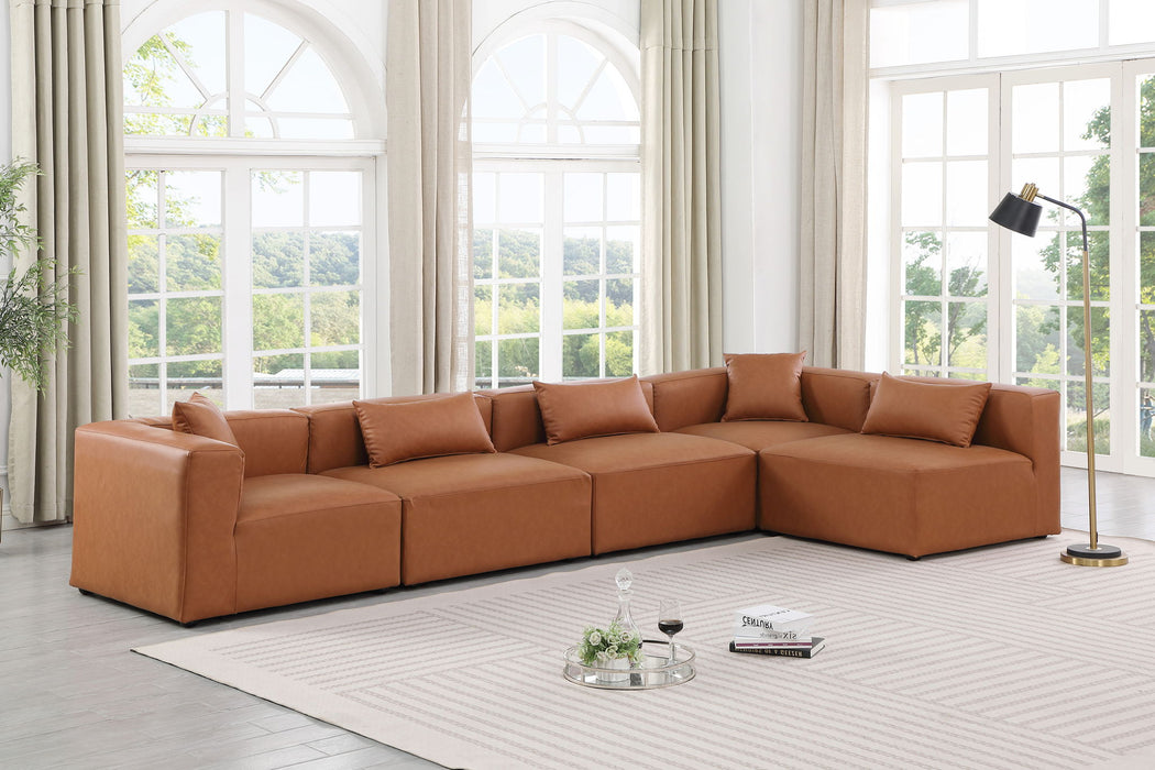 Cube 144" Cognac Vegan Leather Upholstered 5pc. Modular Sectional