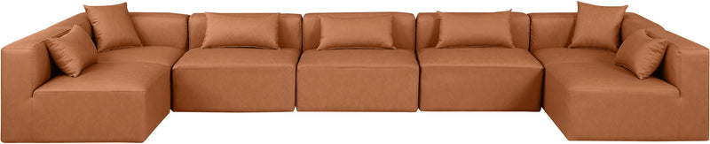 Cube 180" Cognac Vegan Leather Upholstered 7pc. Modular Sectional