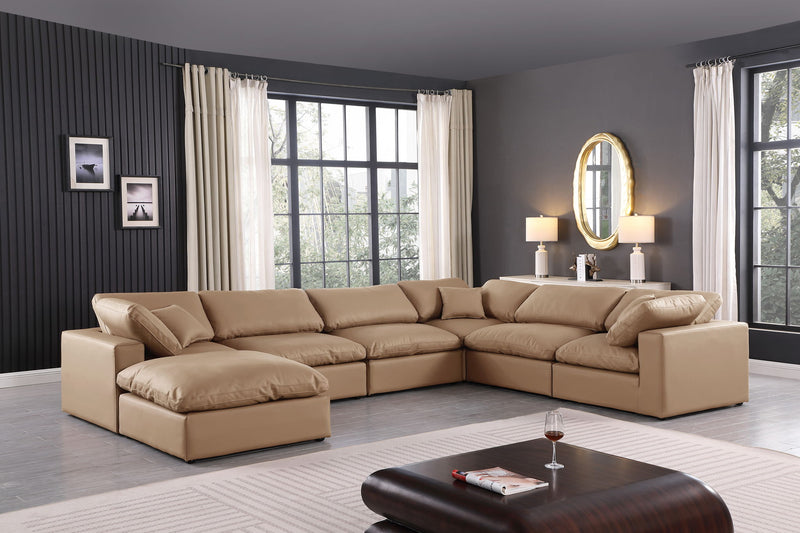 Comfy 158" Tan Vegan Leather Upholstered 7pc. Modular Sectional